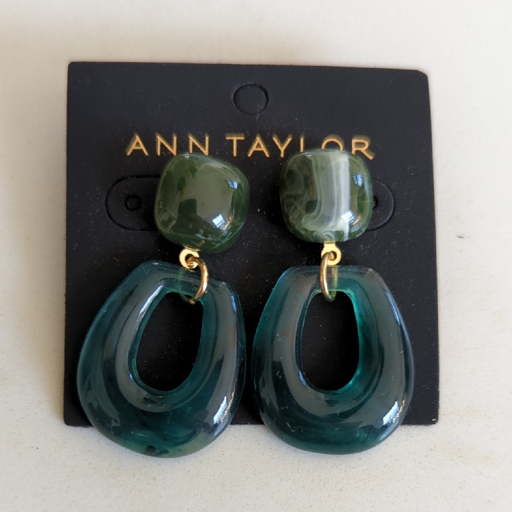 Ann Taylor Forest Green and Teal Hoop Drop Earrings